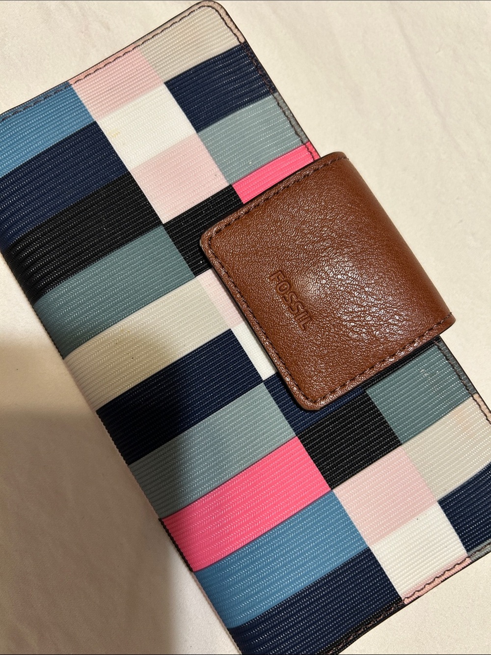 Fossil Multicolor Block-Stripe Checkbook Wallet with Brown Leather Snap